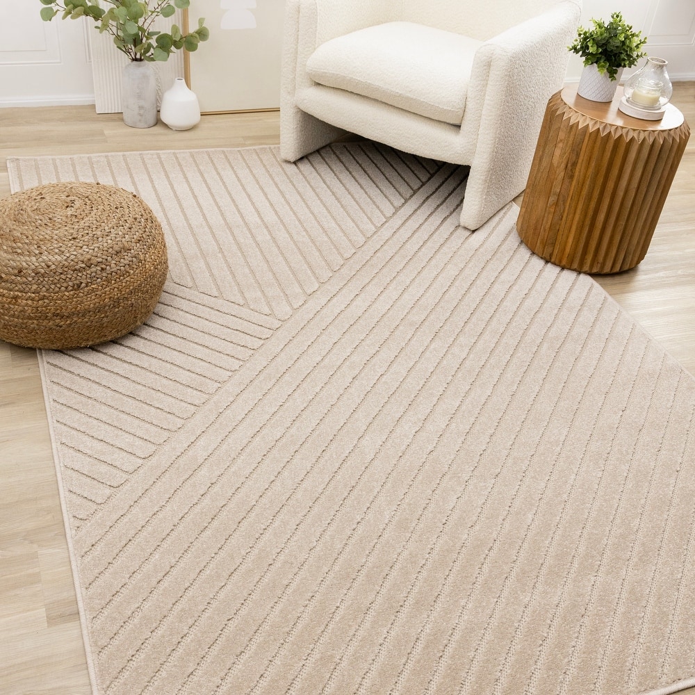 Modern Carved Lines Textured Area Rug in Beige