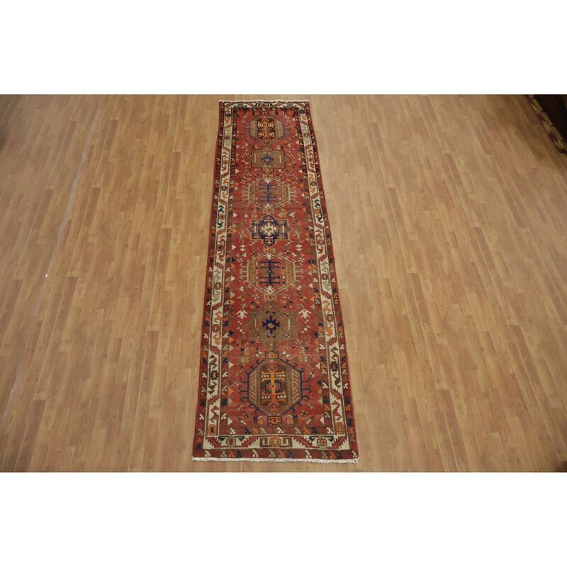 Hand Knotted Oriental 100% Wool Carpet Traditional Tribal Oranges & Rust Heriz Runner Rug - 12' 5'' X 3' 4''