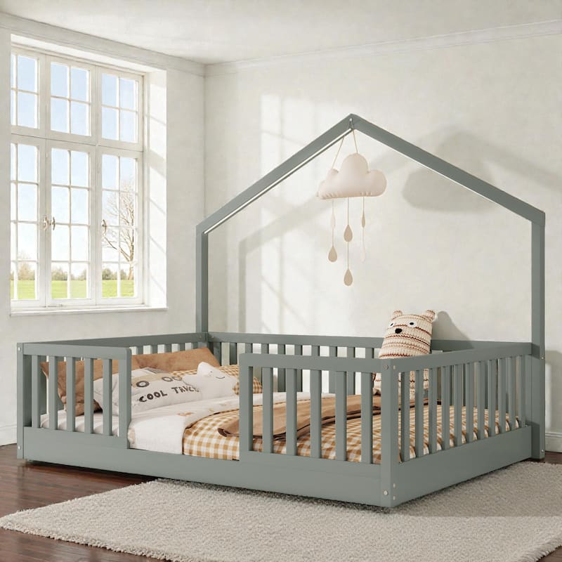 Wood Floor Bed with High Guardrails and LED Light, Montessori Style Low Profile Bed for Kids