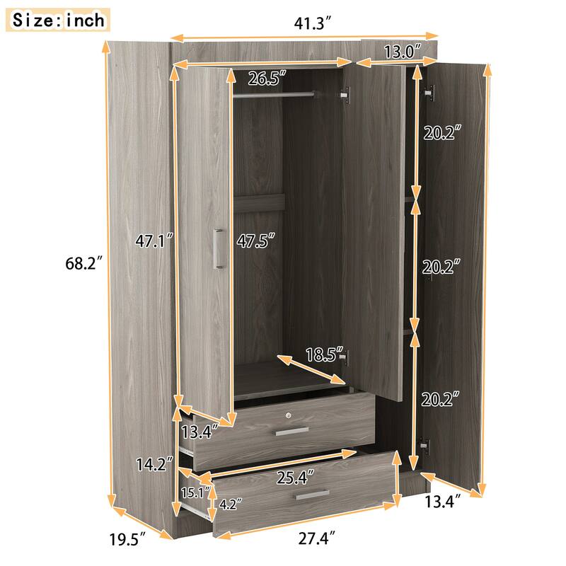 Bedroom Gray Wardrobe, 3-door Freestanding Cabinet Armoires with Single Mirror Door, Hanging Clothes Rod and Drawers with Lock