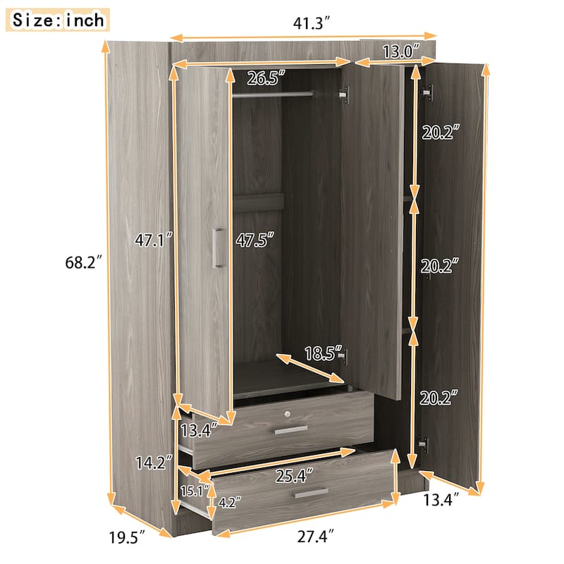Bedroom Wardrobe, 3-Door Freestanding Floor Cabinet Armoires with Single Mirror Door, Hanging Clothes Rod and Drawers with Lock