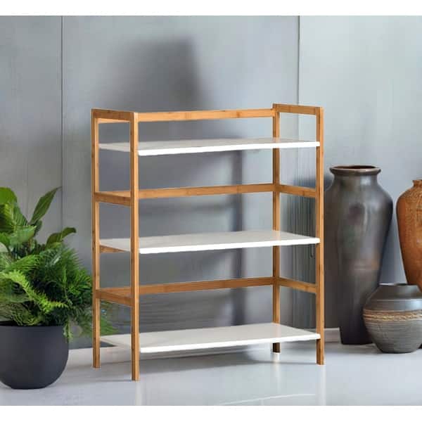 slide 2 of 12, 3-tier Solid Bamboo Frame Stackable Bookshelf White