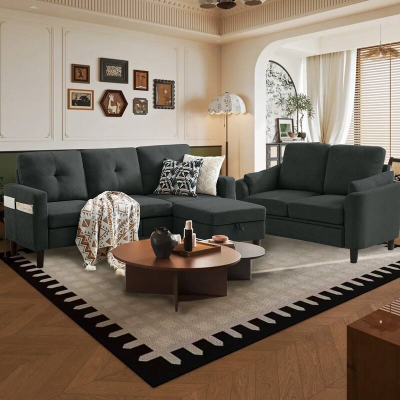 3 Pieces Living Room Set with Storage Ottoman