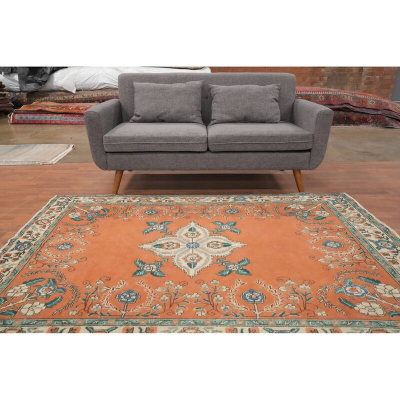 Hand Knotted Oriental 100% Wool Carpet Traditional Floral Oranges & Rust Tabriz Area Rug - 6' 10'' X 5' 0''