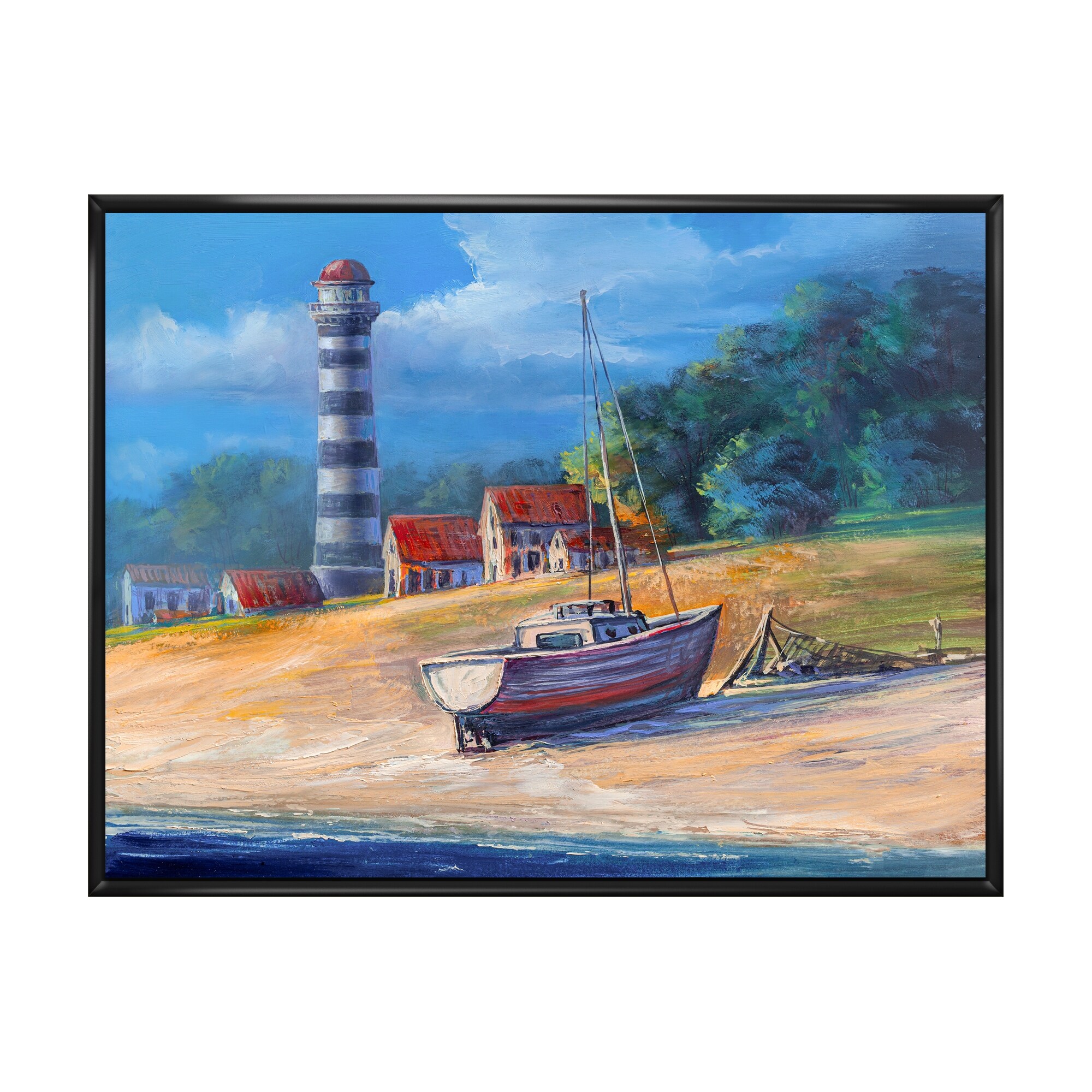Designart Fishing Boat On Lighthouse Beach Nautical & Coastal Framed  Canvas artwork