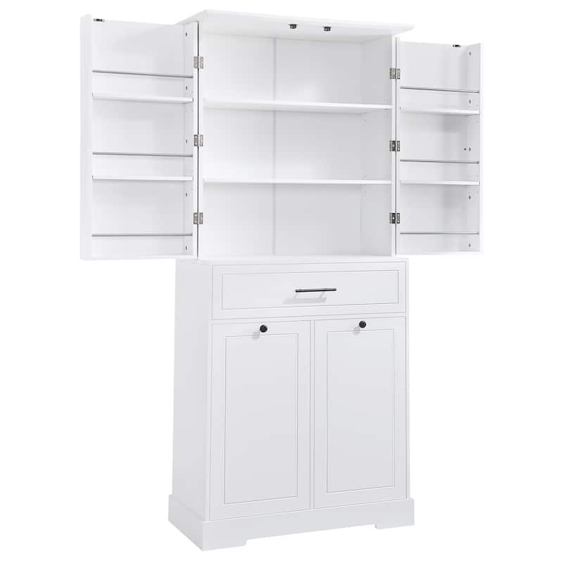 Freestanding Bathroom Storage Cabinet with Doors & Drawers, Tilt-Out Laundry Hamper, Adjustable Shelf, Multiple Storage Spaces