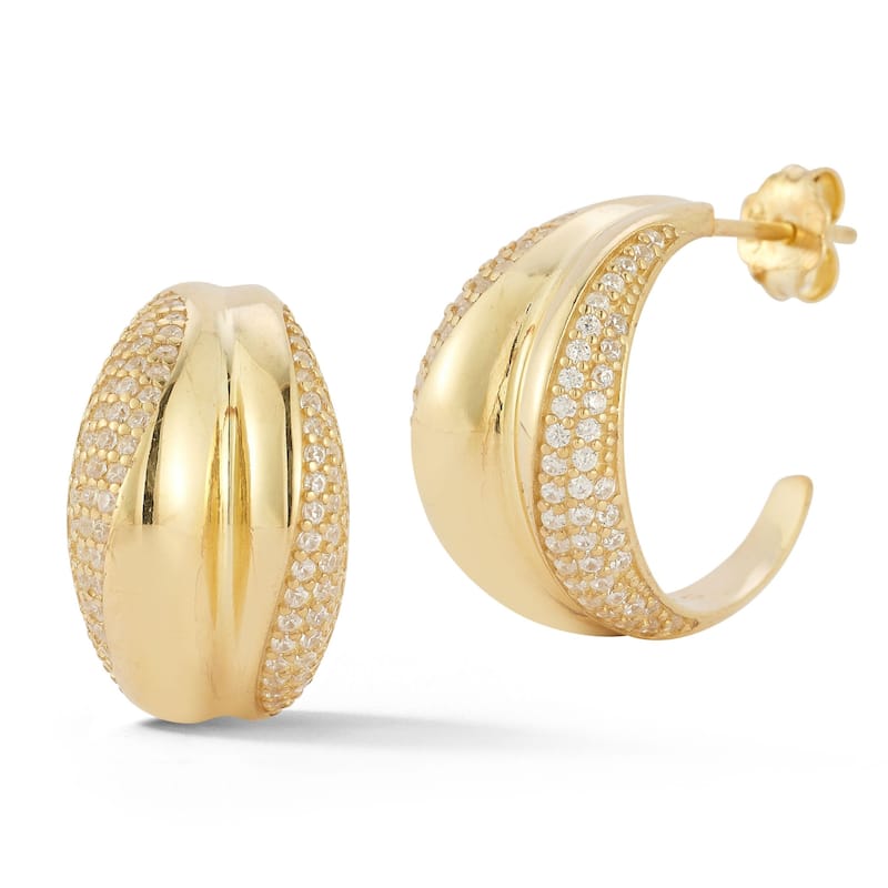 Soleil Sterling Silver Half Pave Bold Concave Hoop Earrings - Yellow
