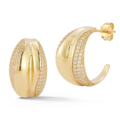 Soleil Sterling Silver Half Pave Bold Concave Hoop Earrings