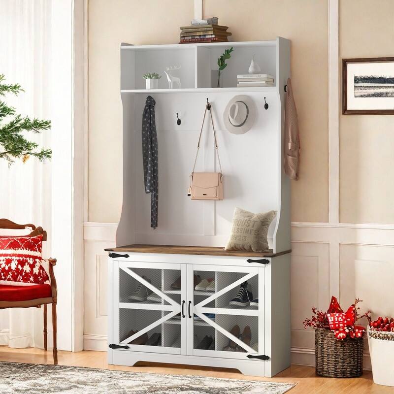 Farmhouse Hall Tree with Bench & Shoe Storage, Mudroom Storage Cabinet Coat Rack for Hallway - White