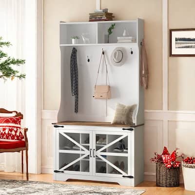 Farmhouse Hall Tree with Bench & Shoe Storage, Mudroom Storage Cabinet Coat Rack for Hallway