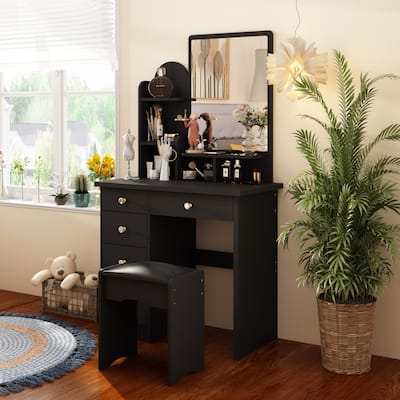 Makeup Vanity Table Set With Mirror Mirror Desk & Drawer(PINK/BLACK)