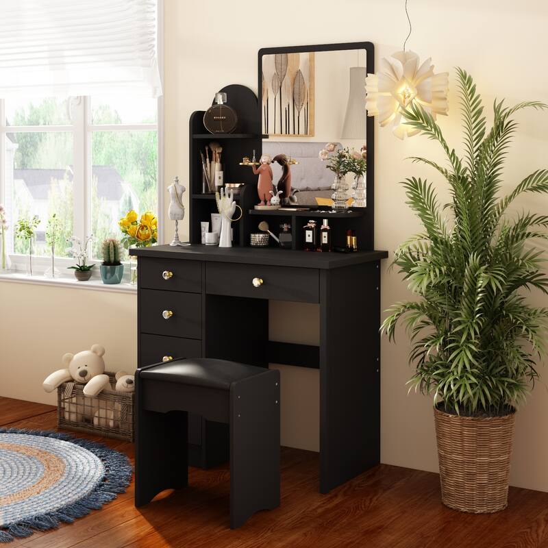 Timechee 31.5'' Wide Makeup Vanity Set with Stool and Mirror(White) - Black
