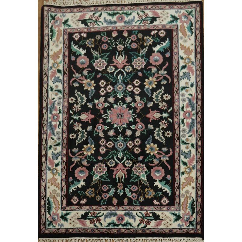 Hand Knotted Oriental 100% Wool Carpet Traditional All-Over Black Agra Area Rug - 6' 1'' X 4' 2''