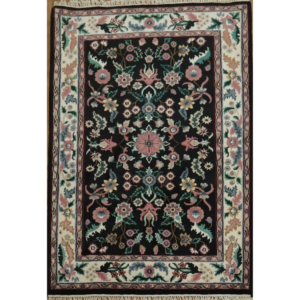 Hand Knotted Oriental 100% Wool Carpet Traditional All-Over Black Agra Area Rug - 6' 1'' X 4' 2''