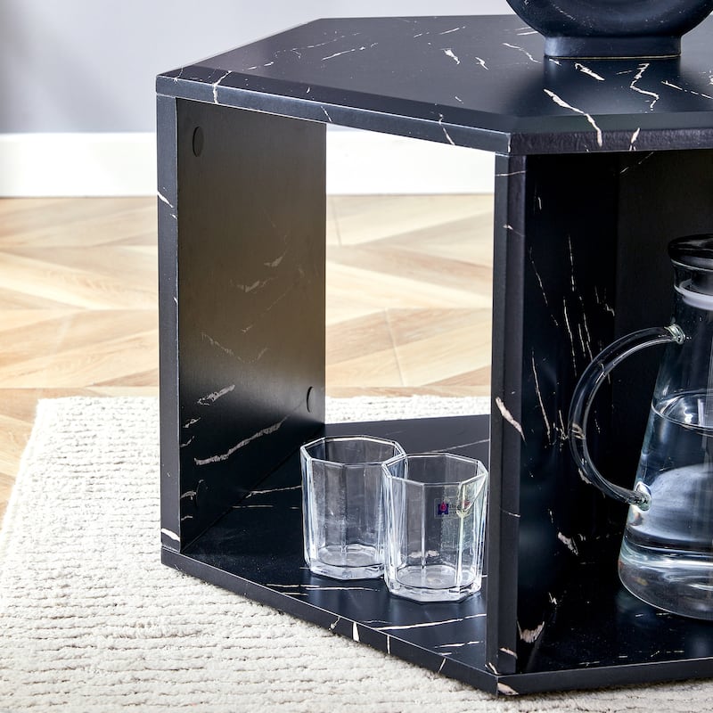 Hexagonal MDF coffee table, characteristic pattern stickers, multi-hole design to give more storage space