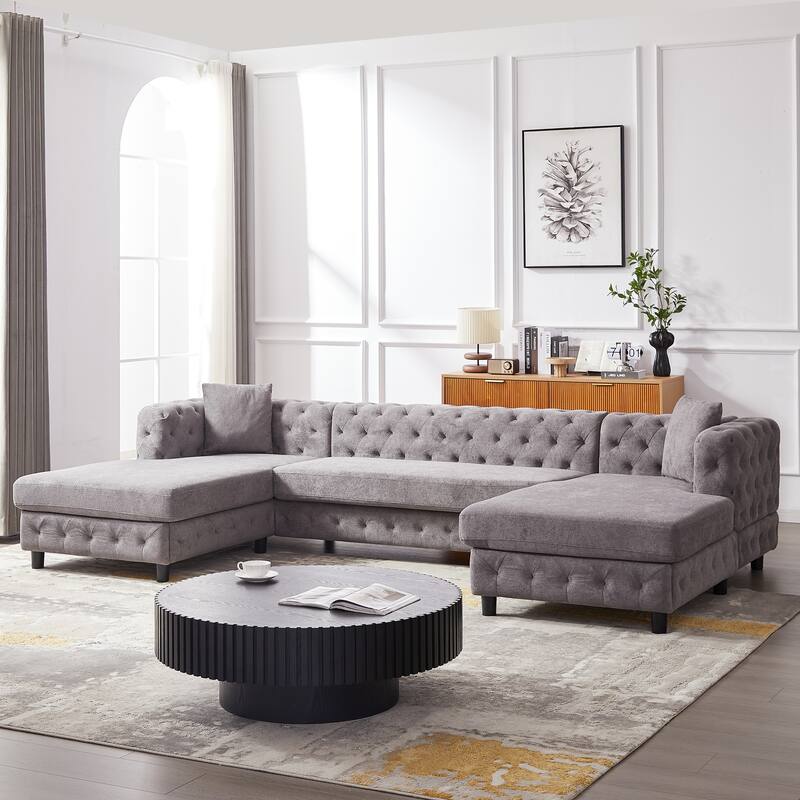 U-Shaped Chenille Sofa with Two Chaise Longue Seats and Pillows.