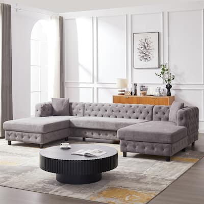 U-Shaped Chenille Sofa with Two Chaise Longue Seats and Pillows.