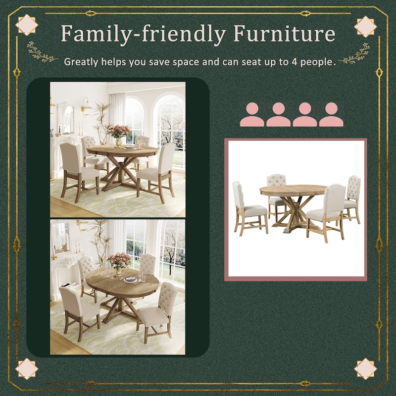 5 Pcs Wooden Round Dining Table Set, Kitchen Dining Table Chair Set with Extendable Table and 4 Upholstered Chairs