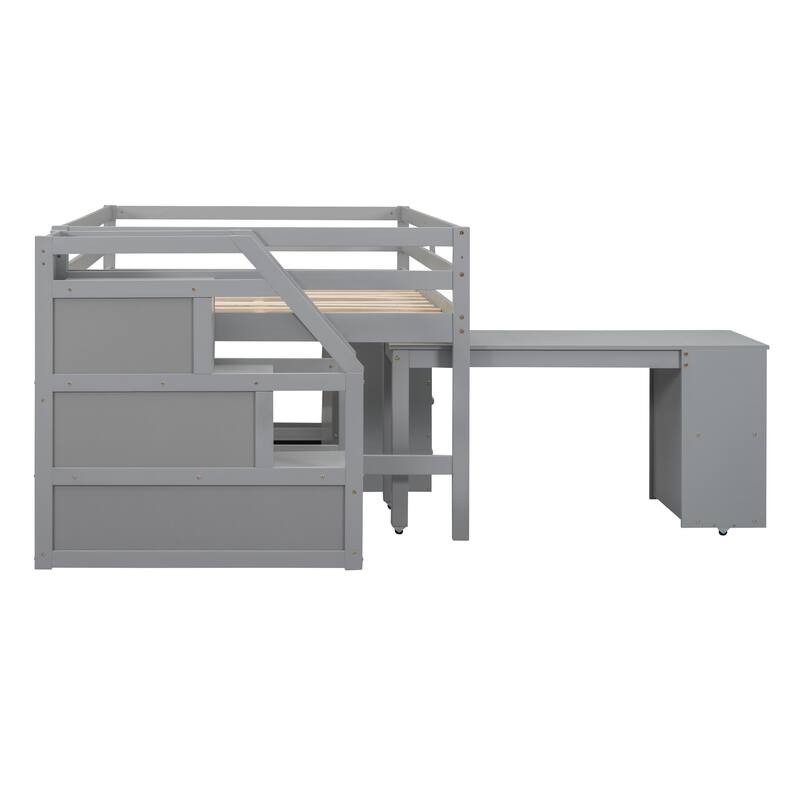 Full Size Loft Bed with Retractable Desk, Storage Stairs, and Shelves, Gray