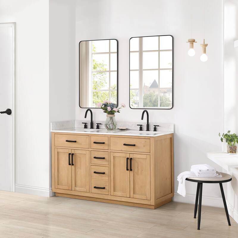Altair Gavino Bath Vanity with Grain White Composite Stone Top and Mirror - 60 inch - Light Brown+Matte Black