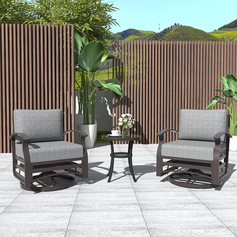 Kullavik 3Pcs Aluminum Rocking Chair Swivel Chairs Set with Glass Top Table & 5" Thick Cushion