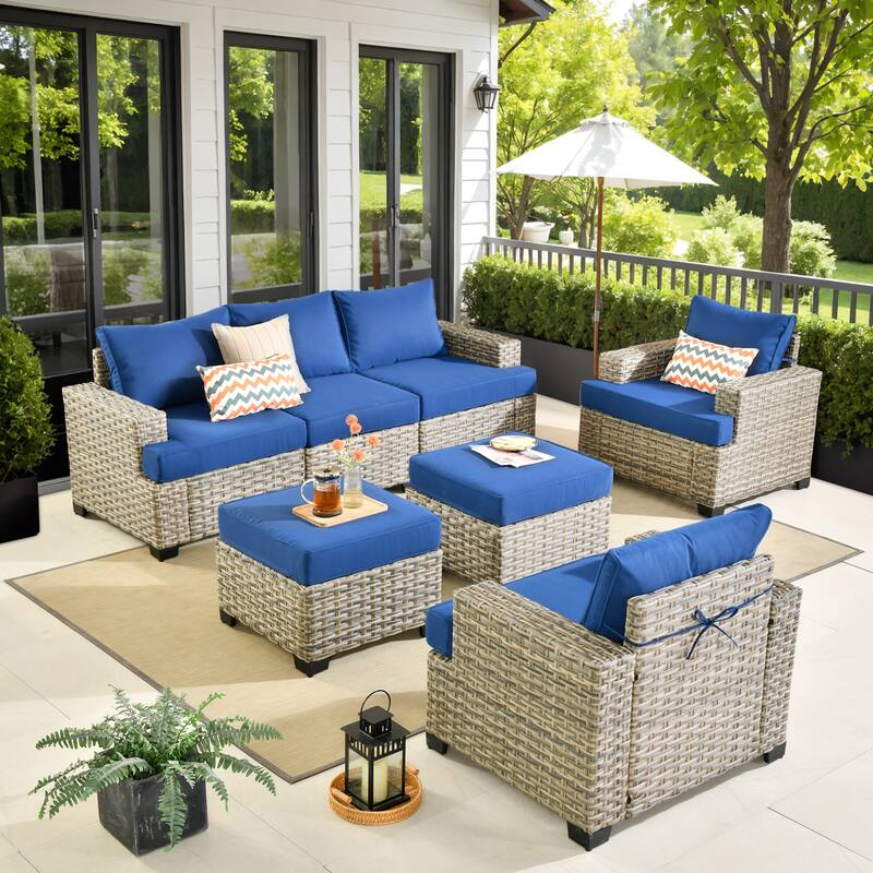 XIZZI 7 Pieces Patio Furniture Wide Armrest Conversation Sofa Set with Ottomans - Navy Blue
