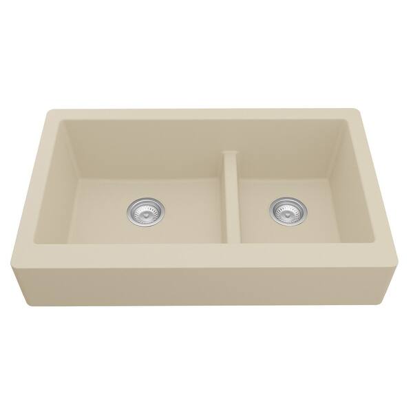 slide 2 of 53, Karran Retrofit Apron-Front Quartz Double Bowl Kitchen Sink Bisque