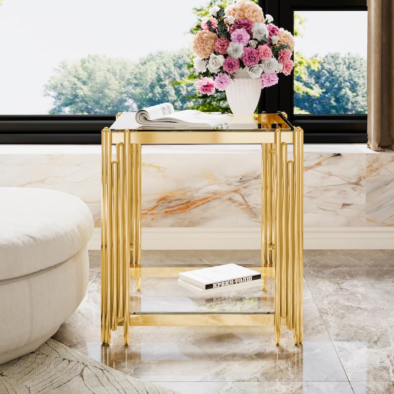 19.9" Modern Transparent Glass End Table for Living Room, Square,Asymmetrical Metal, Gold Finish & Lower Shelf