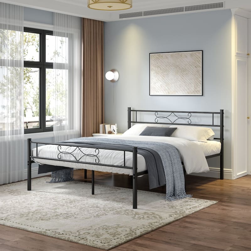 VECELO Metal Bed Frame with Headboard and Footboard No Box Spring Needed 12in Underbed Storage with Decorative Headboard