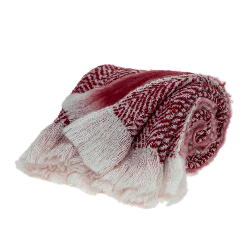 HomeRoots 52" X 67" Red and White Woven Wool Blend Throw Blanket