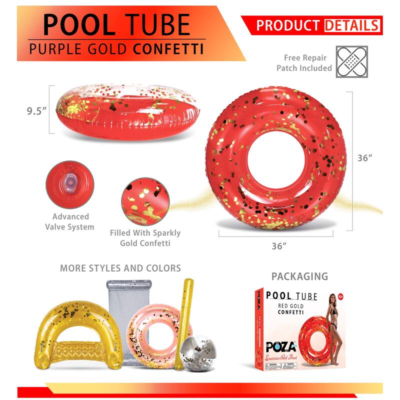 CoTa Global Inflatable Red Gold Pool Float Tube with Sparkle Confetti - 36 inches
