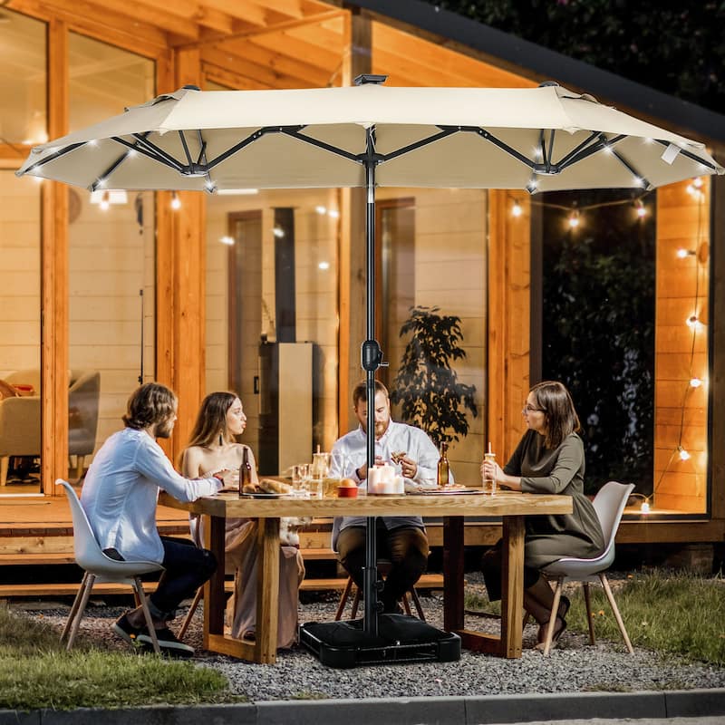 Outsunny Double-sided Patio Umbrella with Solar Lights and Sandbag Base, Outdoor Table Umbrella with Push Button Tilt, Crank