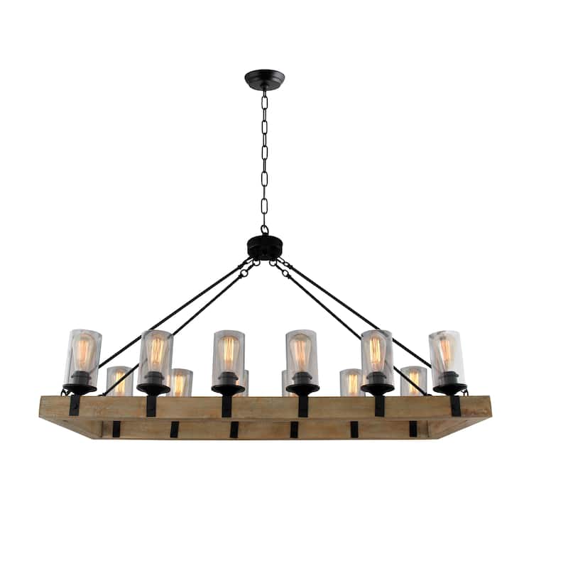 12 Light Chandelier in Black and Natural Wood Finish with Clear Glass Shade - 76.2" H x 121.9"W x 50.8" D
