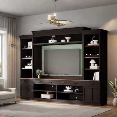 108.2" Media Wall Unit - Two-Tone Walnut/Black, Wine Racks and 4 Cable Holes