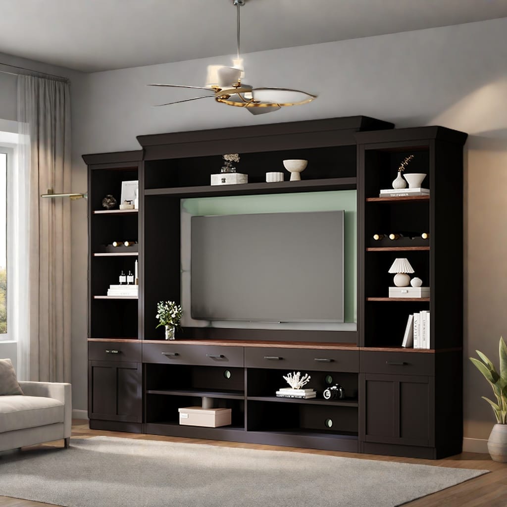 108.2" Media Wall Unit - Two-Tone Walnut/Black, Wine Racks and 4 Cable Holes