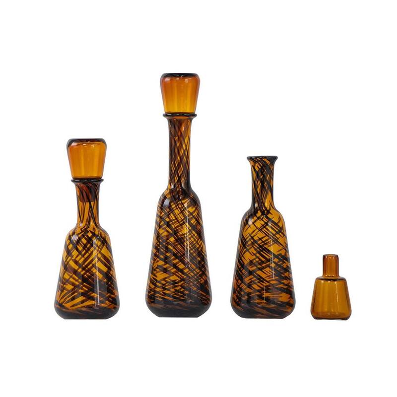 Set of Three Amber Abstract Swirl Glass Decorative Bottles With Stoppers - 14.70