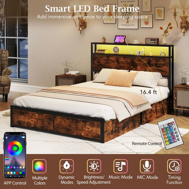 Gymax Full Size LED Bed Frame w/2-Tier Storage Headboard & 4 Drawers