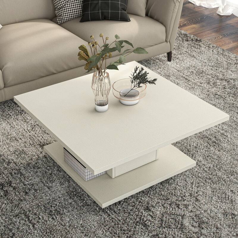 Ross Modern Square Coffee Table with Wrap Around Base Shelf and Hidden Storage by Strick & Bolton
