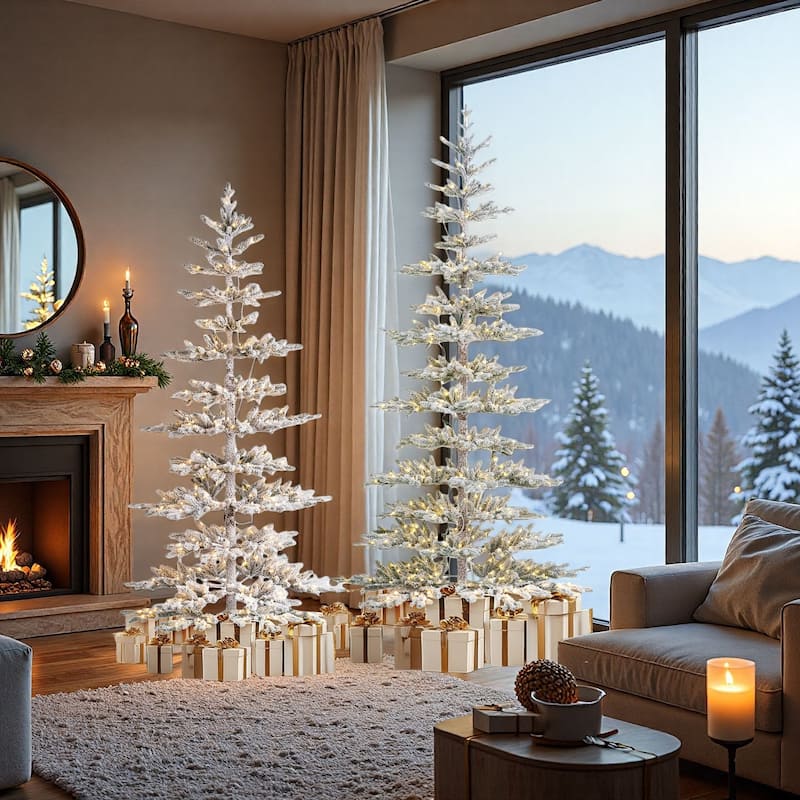 Glitzhome 6/7/9 FT Pre-Lit Flocked Slim Snowscape Fir Artificial Christmas Trees 2 or 3-Piece Set - 7 & 9 FT