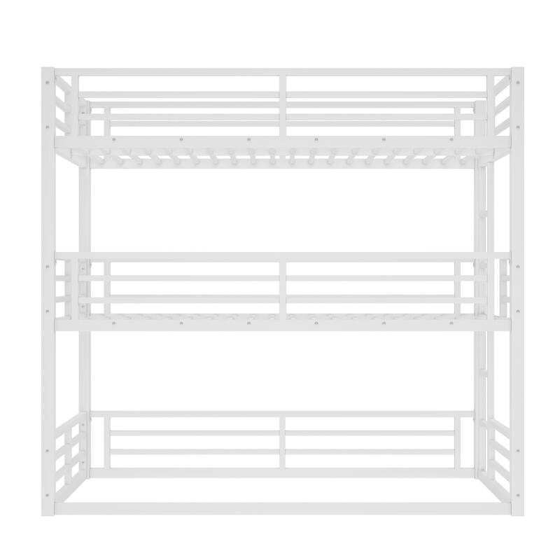 Roomfitters Twin/Full/Queen Metal Triple Bunk Bed with Safety Guardrails, Heavy-Duty Noise-Reduced Frame, White