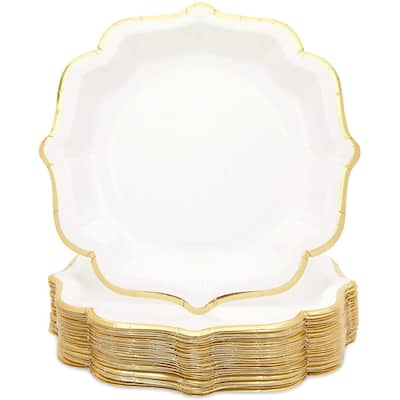 White Paper Party Plates with Gold Foil Scalloped Edging (9 In, 48 Pack)