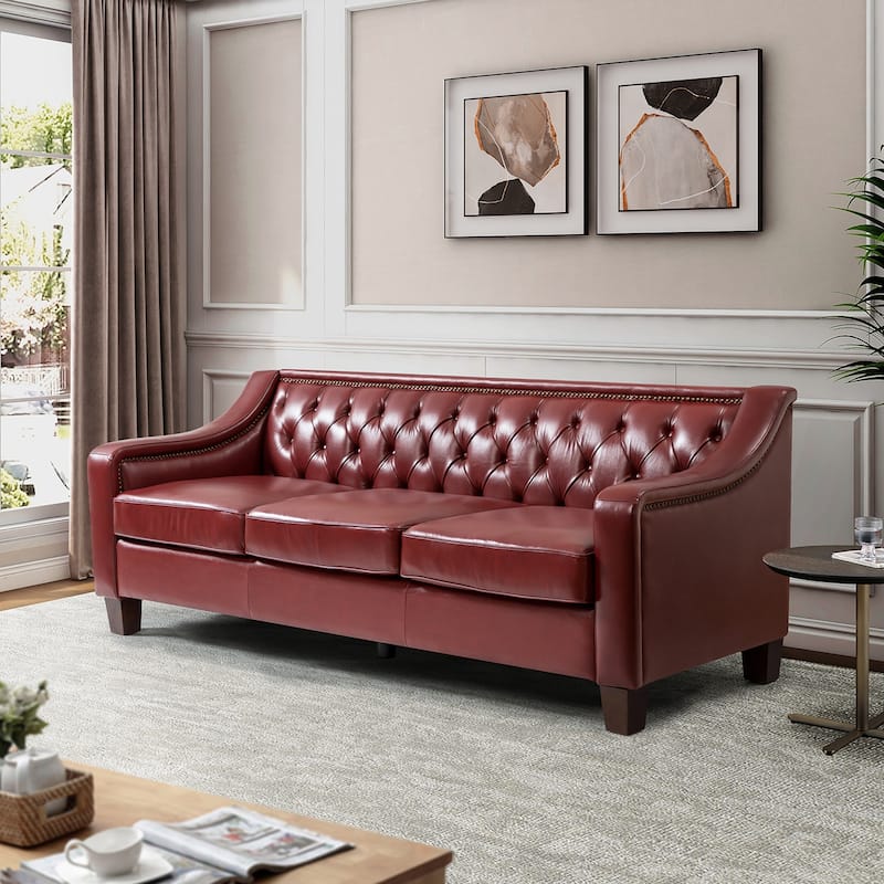 Mateo 82.28" Wide Transitional Genuine Leather Sofa with Nailhead Trim and Button-Tufted Back