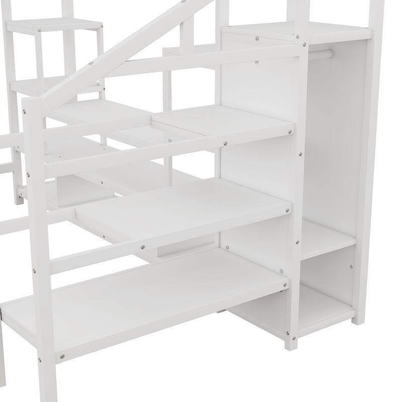 Full Size High Metal Loft Bed Frame with Entertainment TV Stand, Shelves, LED Light Strip, Charging Station, Staircase Wardrobe