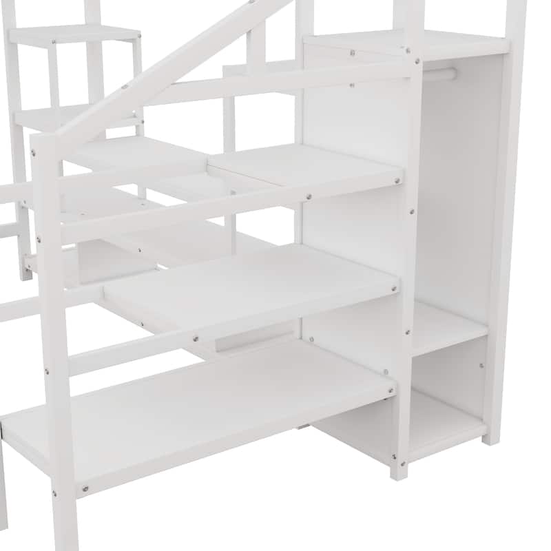 Full Size Loft Bed with TV Cabinet, Heavy Duty Metal Loft Bed Frame, Kids Iron Loftbed Frame with Wardrobe and Charging Station