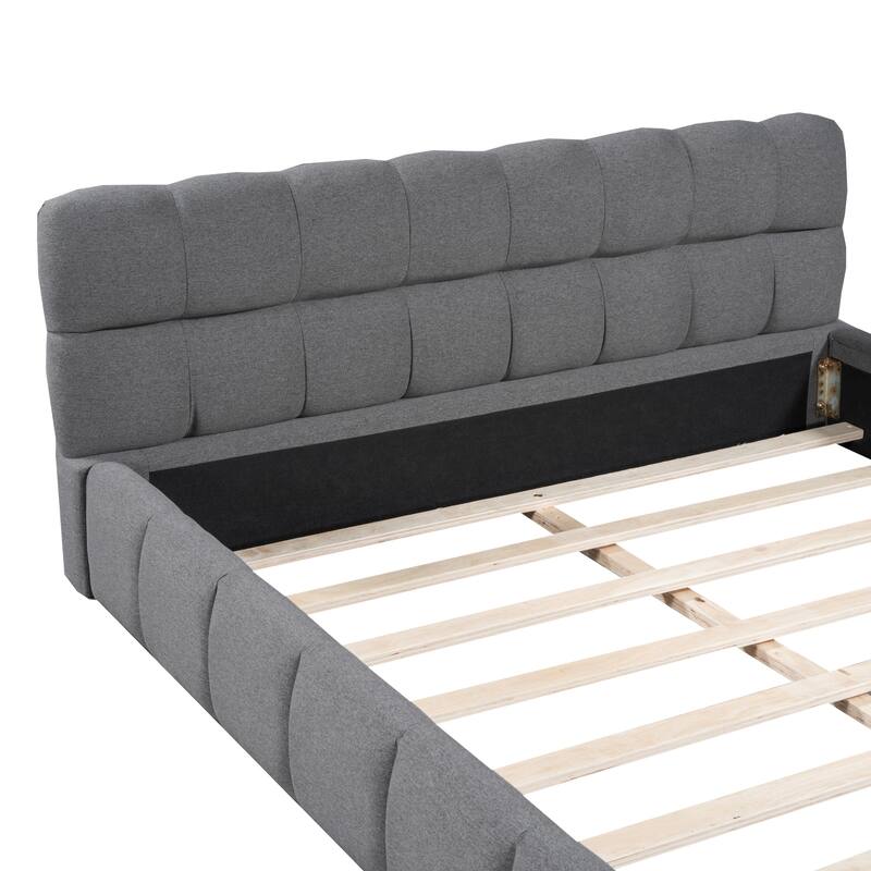 Queen Size Grounded Bed Upholstered Platform Bed Frame Solid Wood Slat Support, Thick Fabric Frame Futon Headboard