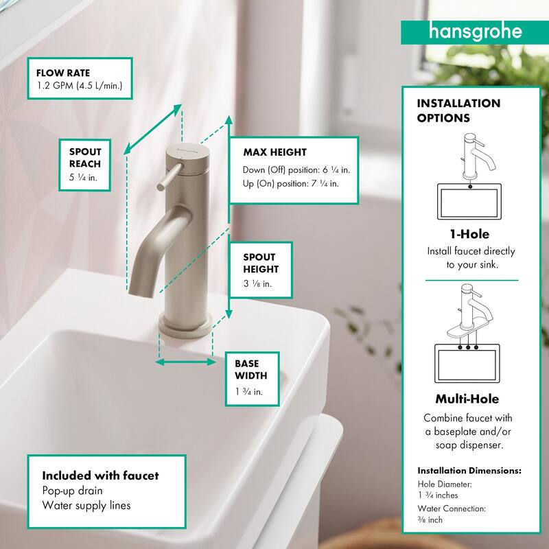 Hansgrohe 73302 Tecturis S 1.2 GPM Single Hole Bathroom Faucet with