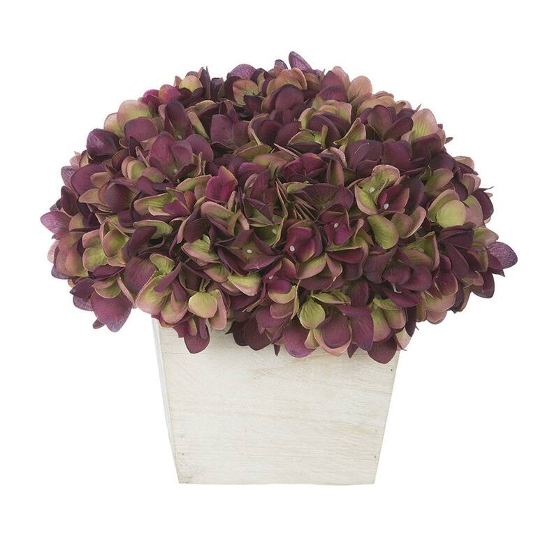 Faux Hydrangea in White Washed Wood Cube Planter