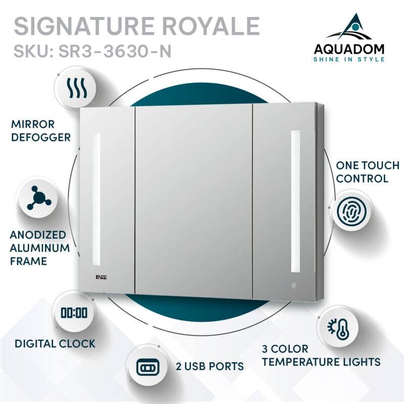 AQUADOM Signature Royale 36W LED Medicine Cabinet Defogger, 3X LED Vertically Adjustable Magnifying Mirror, Electrical Outlets