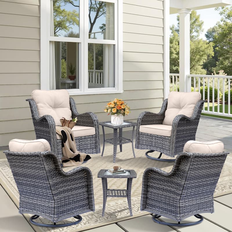 Outdoor Patio Furniture Set-Wicker Patio Conversation Swivel Chair Set - 6 Piece-2 - Beige/Gray Wicker