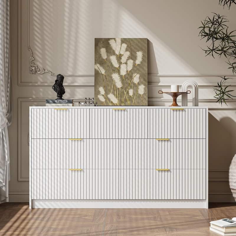 7 Drawer Dresser Fluted Wood Clothes Storage Cabinet, Modern Wide Dresser for Bedroom